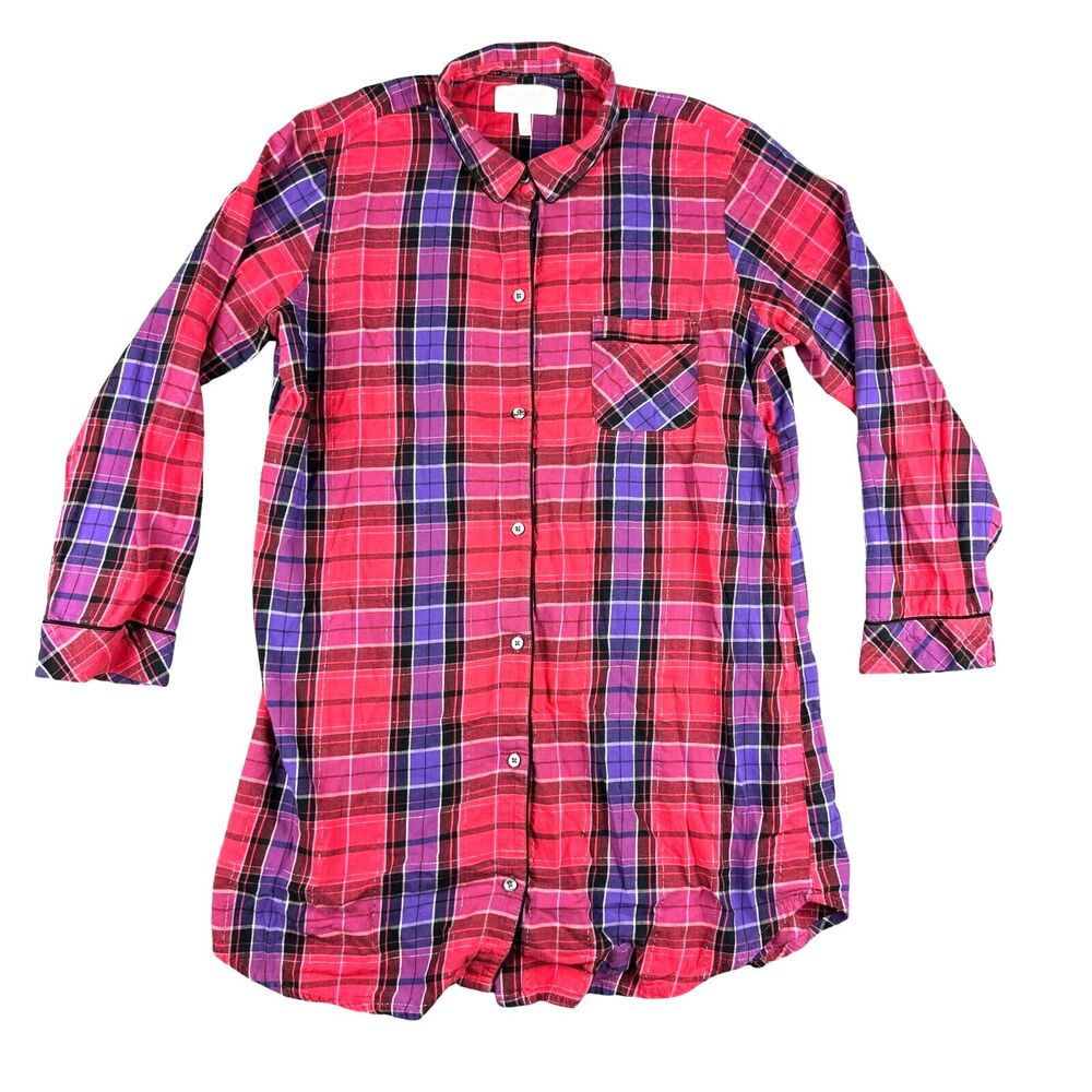 Victoria's Secret Nightgown Women's Medium Pink Flannel Button Up Long Sleeve